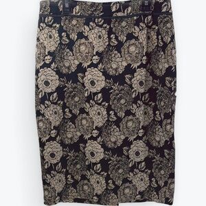 Ann Taylor Metallic Gold Rose Floral Chic Black Pencil Skirt Size 4